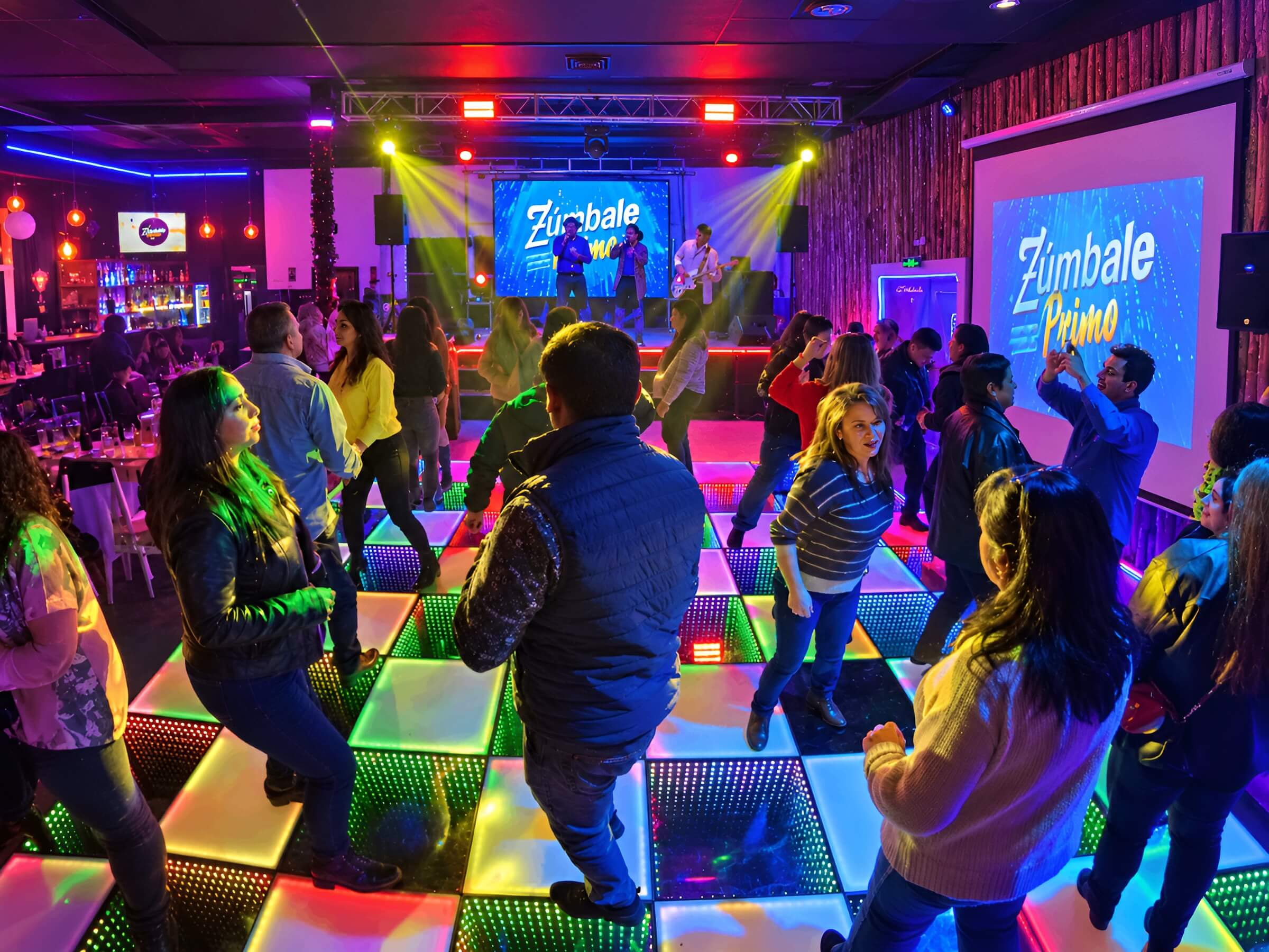 Pista de baile LED del club con público y banda en vivo en La Casona